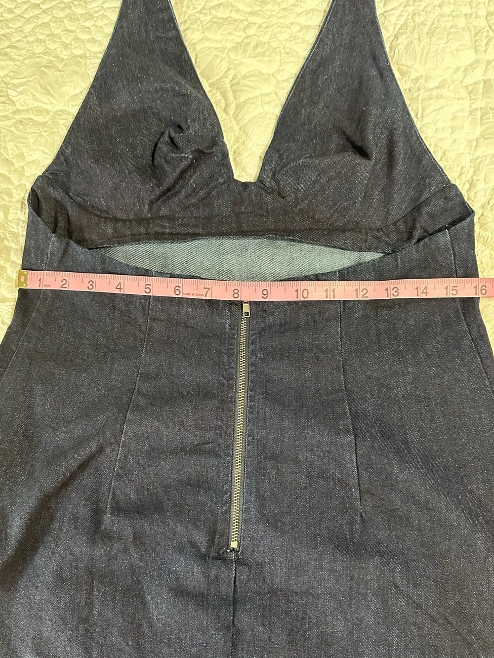 NWT FREE PEOPLE Trevi Denim Deep Plunge Halter Mini Dress Rinse Blue Size M - Picture 13 of 16